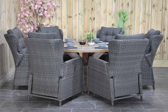 Surakarta Ronde Tafel 150 Teak Natural met 6 Barcelona Verstelbare Dining Tuinstoelen Rock Grey