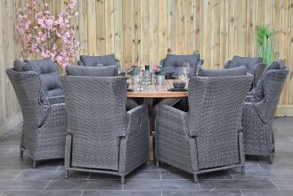 Surakarta Ronde Tafel 180 Teak Natural met 8 Barcelona Verstelbare Dining Tuinstoelen Rock Grey