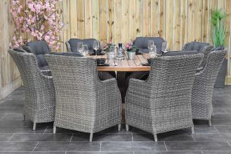 Surakarta Ronde Tafel 180 Teak Natural met 8 Darwin Dining Tuinstoelen Kobo Grey