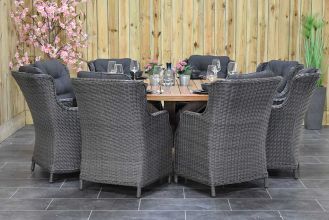 Surakarta Ronde Tafel 180 Teak Natural met 8 Darwin Dining Tuinstoelen Rock Grey