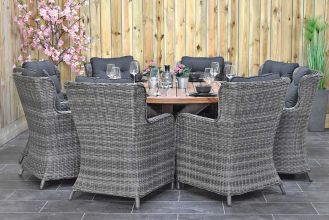 Surakarta Ronde Tafel 180 Teak Natural met 8 Delano Dining Tuinstoelen Kobo Grey