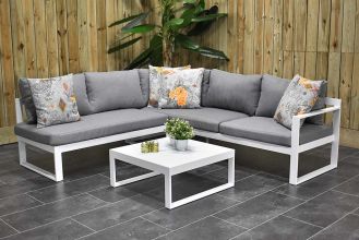 Tivoli Loungeset Hoekbank met Ligbed Functie Lage Tafel Aluminium White SHOWROOMMODEL