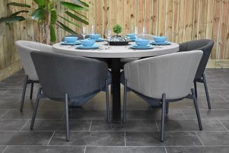 Voula Ronde Tafel 150 Polystone met 6 Biscayne Dining Tuinstoelen Quick Dry Foam Anthracite en Beige WINTER AANBIEDING
