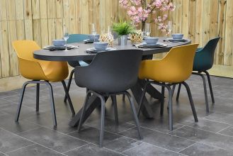 Akron Ovale Tafel 220 Keramischblad Dark Grey met 6 Bristol Aluminium Kunststof Dining Tuinstoelen Anthracite, Yellow en Green WINTER AANBIEDING