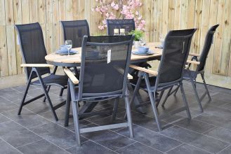 Akron Ovale Tafel 220 Teak met 6 Torino Verstelbare Dining Tuinstoelen met Teakhouten Armleuningen Dark Grey WINTER AANBIEDING
