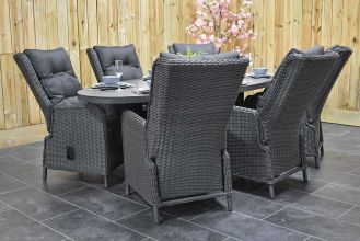 Akron Ovale Tafel 220 Keramischblad met 6 Marling Verstelbare Dining Tuinstoelen Rock Grey WINTER AANBIEDING