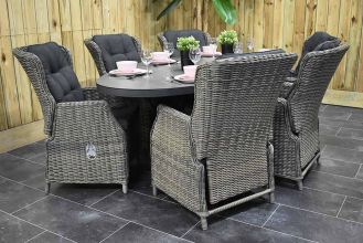Akron Ovale Tafel 220 Keramischblad Dark Grey met 6 Darwin Verstelbare Dining Tuinstoelen Kobo Grey WINTER AANBIEDING