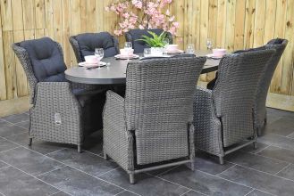 Akron Ovale Tafel 220 Keramischblad Dark Grey met 6 Darwin Verstelbare Dining Tuinstoelen Rock Grey SHOWROOMMODEL