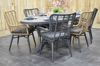 Akron Ovale Tafel 220 Keramischblad Dark Grey met 6 Alba Dining Tuinstoelen Bamboo en Rock Grey WINTER AANBIEDING