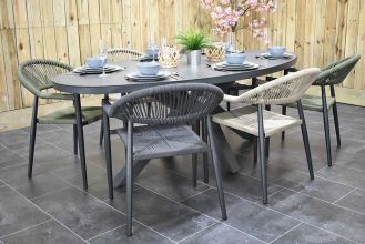Akron Ovale Tafel 220 Keramischblad Dark Grey met 6 Barge Rope Dining Tuinstoelen Anthracite, Faded Sand en Olive Green B-KEUS