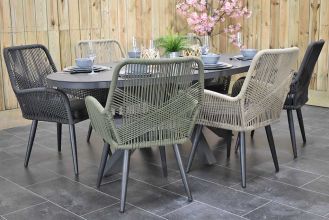 Akron Ovale Tafel 220 Keramischblad Dark Grey met 6 Villenova Rope Dining Tuinstoelen Anthracite, Faded Sand en Olive Green WINTER AANBIEDING