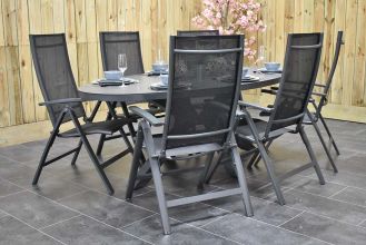 Akron Ovale Tafel 220 met Keramischblad met 6 Verona Verstelbare Aluminium Standenstoelen Inklapbaar Dark Grey WINTER AANBIEDING