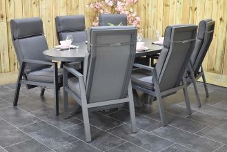 Akron Tafel 220 Keramischblad met 6 Birmingham Verstelbare Dining Tuinstoelen Dark Grey WINTER AANBIEDING