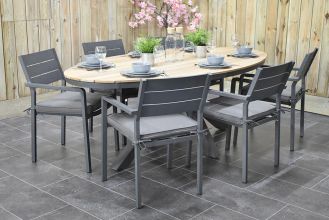 Akron Ovale Tafel 220 Teak met 6 Bolton Aluminium Dining Tuinstoelen Dark Grey WINTER AANBIEDING