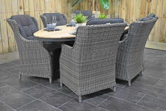 Akron Ovale Tafel 220 Teak met 6 Darwin Dining Tuinstoelen Kobo Grey WINTER AANBIEDING