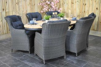Akron Ovale Tafel 220 Teak met 6 Darwin Dining Tuinstoelen Rock Grey WINTER AANBIEDING
