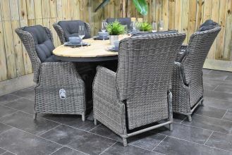 Akron Ovale Tafel 220 Teak met 6 Darwin Verstelbare Dining Tuinstoelen Kobo Grey WINTER AANBIEDING