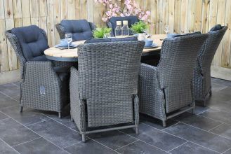 Akron Ovale Tafel 220 Teak met 6 Darwin Verstelbare Dining Tuinstoelen Rock Grey WINTER AANBIEDING