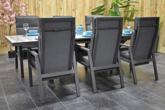 Arona Uitschuifbare Aluminium Tafel met Keramischblad 200 / 260 met 6 Birmingham Aluminium Verstelbare Dining Tuinstoelen Dark Grey WINTER AANBIEDING
