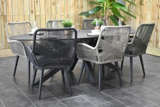Asta Ovale Tafel 240 HPL Dark Grey met 6 Villenova Rope Dining Tuinstoelen Anthracite, Faded Sand en Olive Green WINTER AANBIEDING