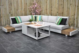 Athene Aluminium Loungeset Hoekbank Vuurtafel Teak Off White WINTER AANBIEDING