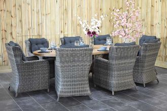 Balok Ovale Tafel 280 Teak Natural met 8 Delano Dining Tuinstoelen Kobo Grey