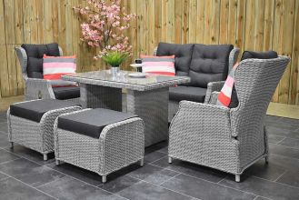 Barcelona Verstelbare Loungeset 2 Zitsbank 2 Lounge Tuinstoelen Hoge Tafel met Hockers Light Kobo Grey SHOWROOMMODEL