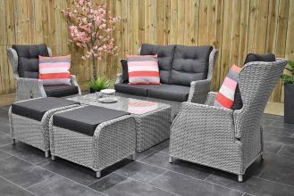 Barcelona Verstelbare Loungeset 2 Zitsbank 2 Lounge Tuinstoelen Lage Tafel met Hockers Light Kobo Grey WINTER AANBIEDING