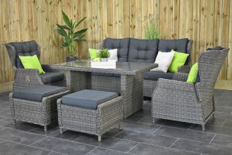 Barcelona Verstelbare Loungeset 3 Zitsbank 2 Lounge Tuinstoelen Hoge Tafel met Hockers Kobo Grey SHOWROOMMODEL