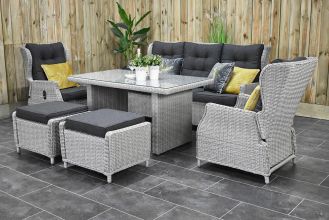 Barcelona Verstelbare Loungeset 3 Zitsbank 2 Lounge Tuinstoelen Hoge Tafel met Hockers Light Kobo Grey WINTER AANBIEDING