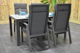 Bergamo Aluminium Tafel 165 met 4 Birmingham Verstelbare Dining Tuinstoelen Dark Grey WINTER AANBIEDING