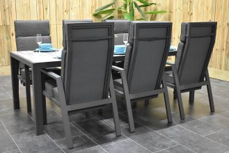 Bergamo Aluminium Tafel 225 met 6 Birmingham Verstelbare Dining Tuinstoelen Dark Grey WINTER AANBIEDING