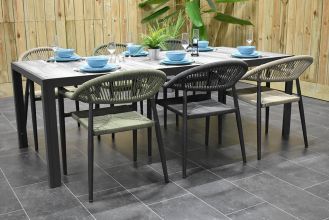 Bergamo Tafel 225 Dark Grey met 6 Barge Rope Dining Tuinstoelen Anthracite, Faded Sand en Olive Green B-KEUS