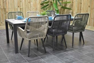 Bergamo Tafel 225 Dark Grey met 6 Villenova Rope Dining Tuinstoelen Anthracite, Faded Sand en Olive Green WINTER AANBIEDING