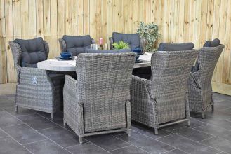 Bixley Ovale Tafel 240 Vintage Antique Grey met 6 Barcelona Verstelbare Dining Tuinstoelen Kobo Grey SHOWROOMMODEL