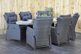 Bixley Ovale Tafel 240 Vintage Antique Grey met 6 Barcelona Verstelbare Dining Tuinstoelen Rock Grey SHOWROOMMODEL