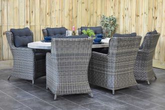 Bixley Ovale Tafel 240 Vintage Antique Grey met 6 Delano Dining Tuinstoelen Kobo Grey WINTER AANBIEDING