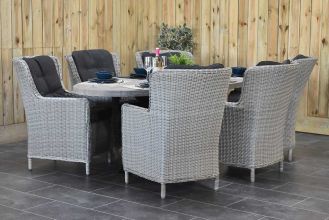 Bixley Ovale Tafel 240 Vintage Antique Grey met 6 Marina Dining Tuinstoelen Light Kobo Grey SHOWROOMMODEL