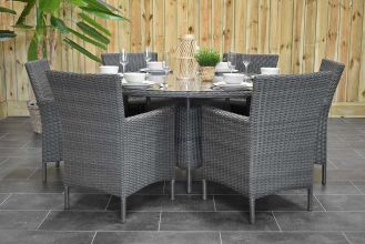 Brasil Ronde Tafel 150 met 6 Aruba Dining Tuinstoelen Rock Grey WINTER AANBIEDING