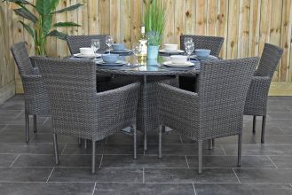 Brasil Ronde Tafel 150 met 6 Aruba Dining Tuinstoelen Stapelbaar Dark Grey WINTER AANBIEDING