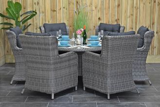Brasil Ronde Tafel 150 met 6 Delano Dining Tuinstoelen Natural Grey SHOWROOMMODEL