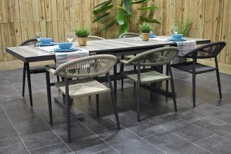 Bressano Uitschuifbare Aluminium Tafel met Keramischblad 200 / 260 met 6 Barge Rope Dining Tuinstoelen Anthracite, Faded Sand en Olive Green B-KEUS