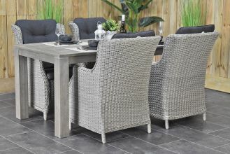 Cancun Tafel 180 Vintage Antique Grey met 4 Darwin Dining Tuinstoelen Light Kobo Grey