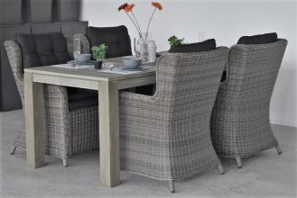 Cancun Tafel 180 Vintage Antique Grey met 4 Delano Dining Tuinstoelen Natural Grey