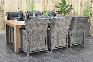 Cancun Tafel 240 Teak Natural met 6 Barcelona Verstelbare Dining Tuintoelen Kobo Grey