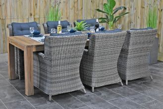 Cancun Tafel 240 Teak Natural met 6 Delano Dining Tuinstoelen Kobo Grey