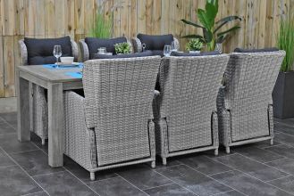 Cancun Tafel 240 Vintage Antique Grey met 6 Barcelona Verstelbare Dining Tuinstoelen Light Kobo Grey