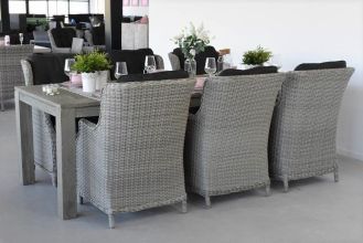Cancun Tafel 240 Vintage Antique Grey met 6 Darwin Dining Tuinstoelen Light Kobo Grey
