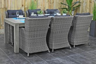 Cancun Tafel 240 Vintage Antique Grey met 6 Delano Dining Tuinstoelen Natural Grey SHOWROOMMODEL