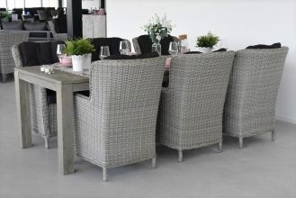Cancun Tafel 240 Vintage Antique Grey met 6 Marina Dining Tuinstoelen Light Kobo Grey